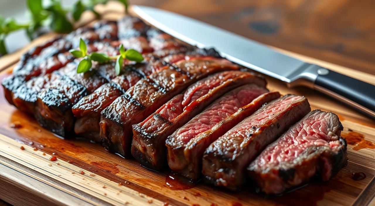 Slices of juicy, perfectly cooked picanha steak with a charred crust and tender pink interior, served on a wooden cutting board