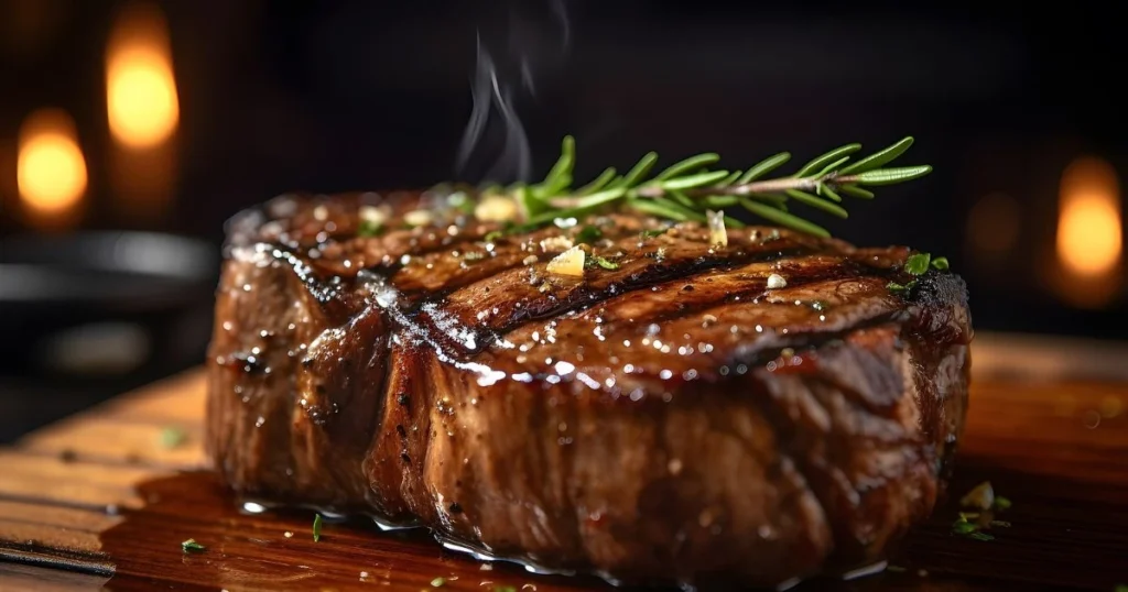 A perfectly cooked medium-rare steak sliced to reveal a warm pink center, served on a wooden cutting board with a meat thermometer nearby