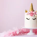 Unicorn cake with pastel-colored frosting, decorated with fondant flowers and a golden horn.