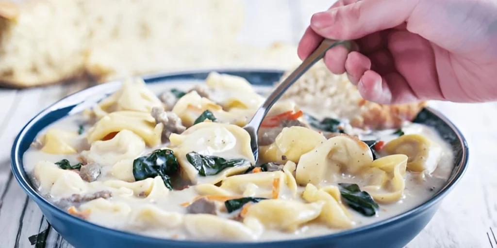 A bowl of hearty sausage tortellini soup with vegetables, garnished with fresh herbs and served with crusty bread