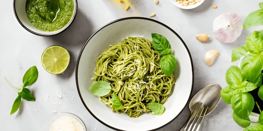 Plate of vibrant green spaghetti topped with fresh basil and parmesan cheese.