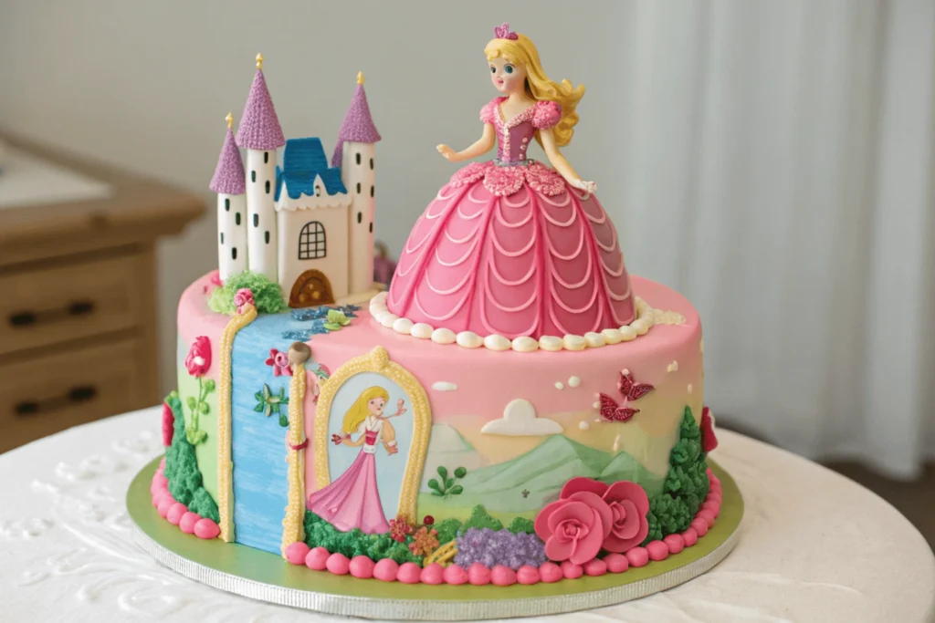 A gorgeous Barbie cake in a princess theme with a pink gown, golden floral decorations, and pearl embellishments, displayed against a pastel backdrop