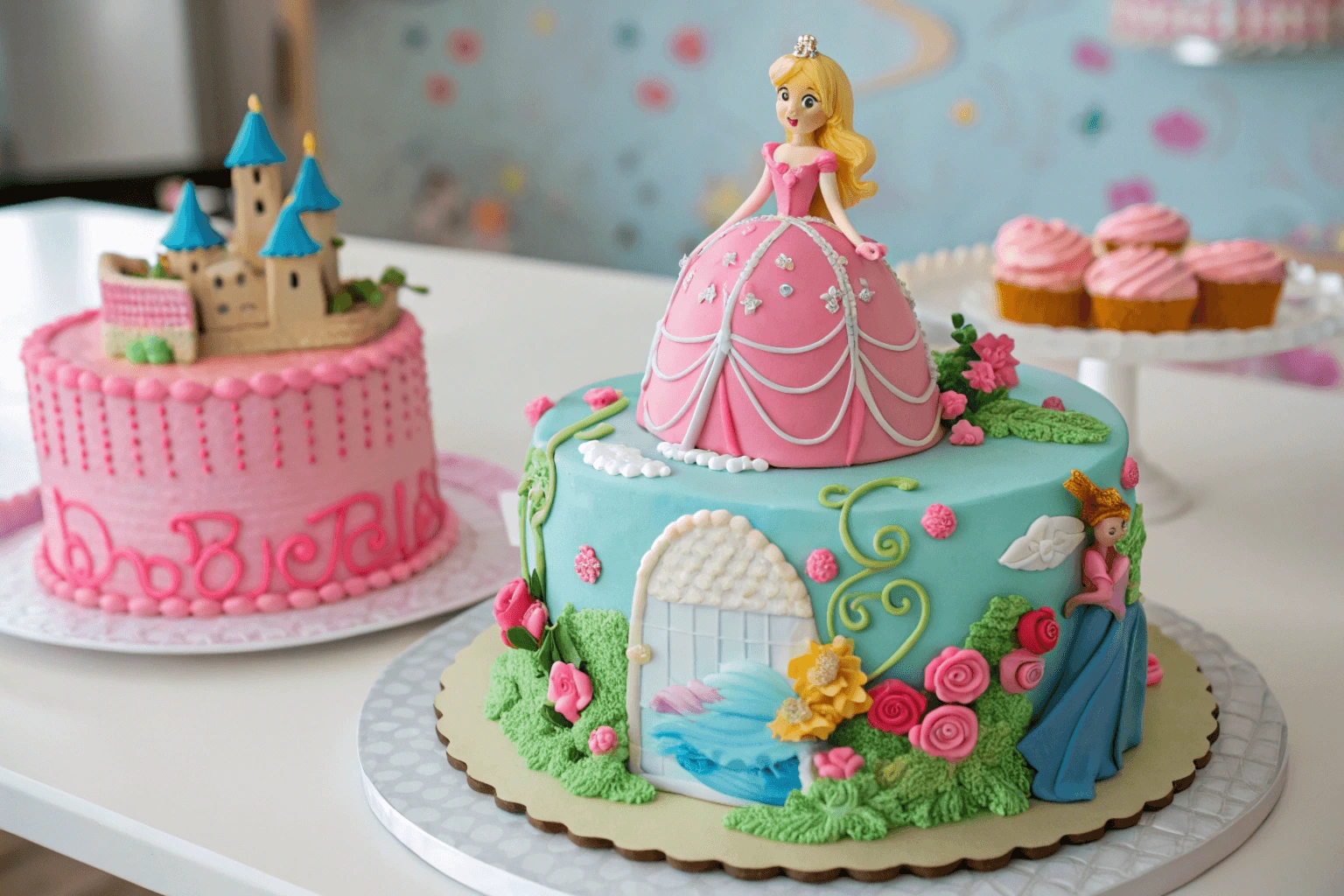 A beautifully designed Barbie cake with a pink fondant dress and intricate decorations, perfect for birthdays and celebrations.