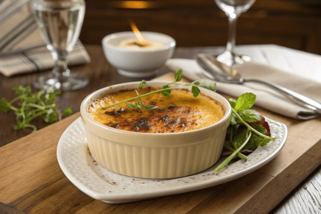 Crab Brulee Recipe plated elegantly with a golden caramelized sugar top, garnished with herbs, served in a ramekin on a wooden table