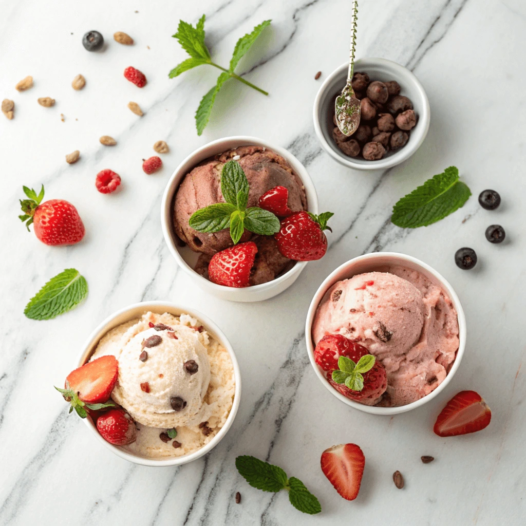 Three freshly made Ninja Creami ice cream pints featuring chocolate, strawberry cheesecake, and mint chocolate chip flavors on marble countertop