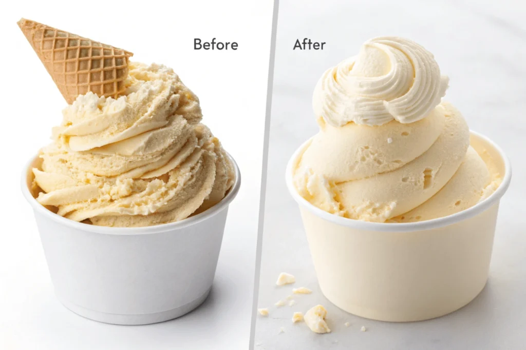 Side-by-side comparison of frozen Ninja Creami base mixture versus finished creamy ice cream texture