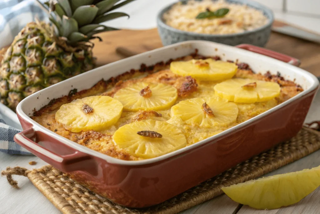 A delicious pineapple casserole dish with golden, bubbly topping and fresh pineapple slices