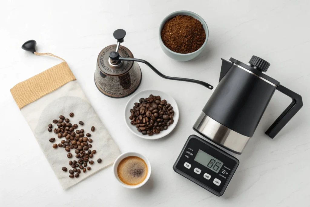 Overhead view of coffee brewing tools and ingredients on white surface