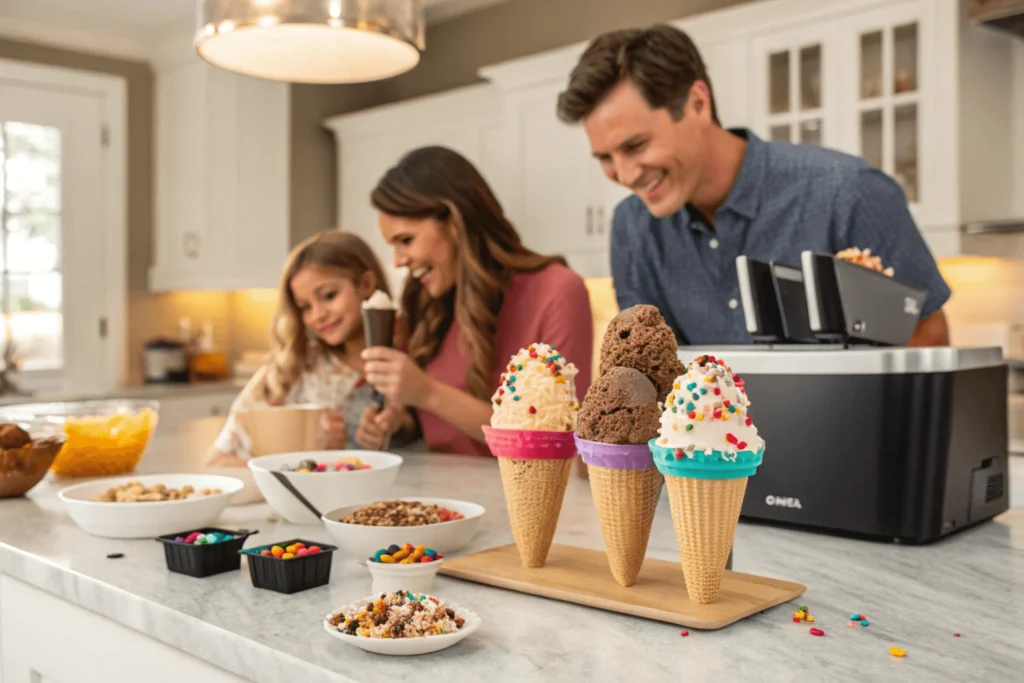 Family making personalized ice cream sundaes using Ninja Creami machine with variety of toppings and sauces