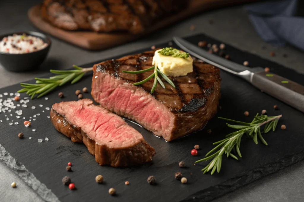 Sliced Delmonico steak served with asparagus and mashed potatoes, accompanied by red wine sauce and a glass of wine