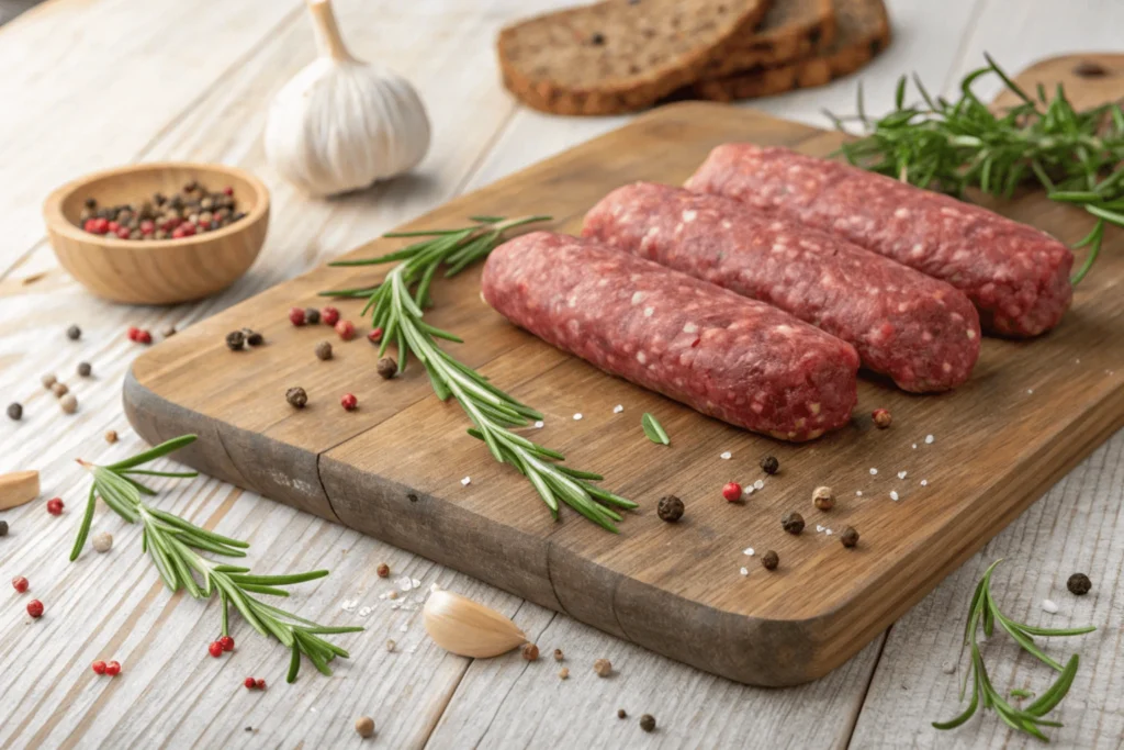 Fresh homemade beef sausages on wooden cutting board with aromatic herbs, peppercorns, and garlic cloves