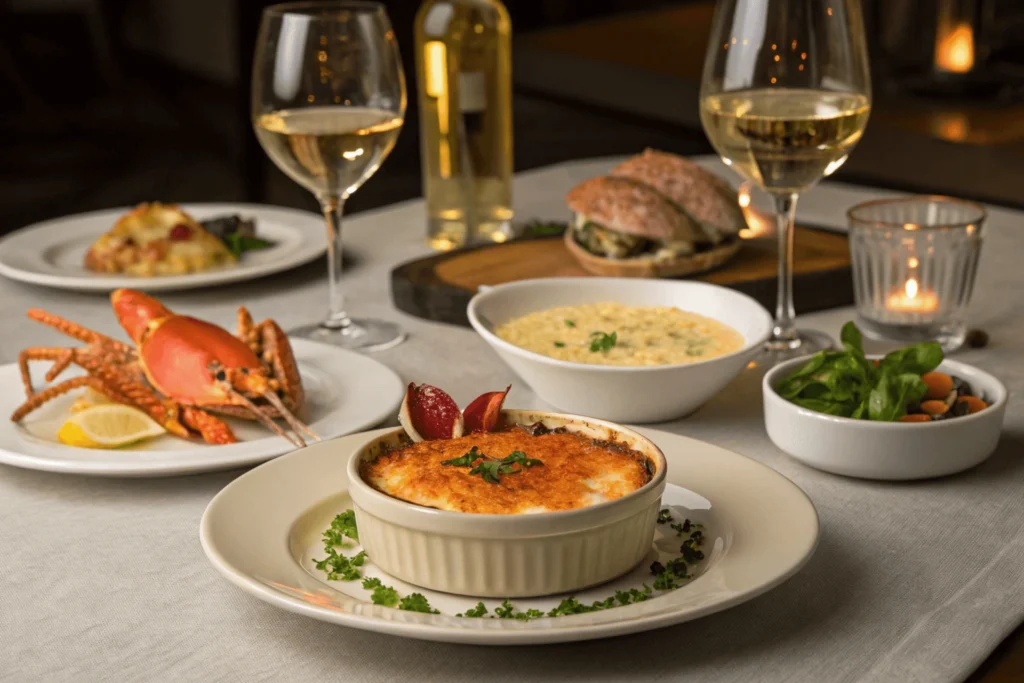 Gourmet seafood meal featuring crab brulee as the centerpiece, surrounded by side dishes and wine glasses.