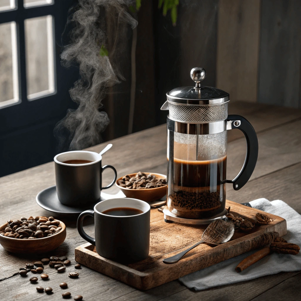 Barista-style coffee preparation with premium ingredients in warm kitchen lighting