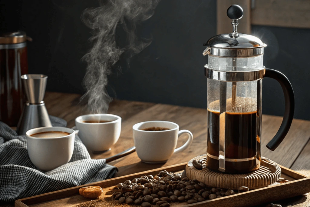 Coffee Loophole Recipe made with a premium French press, featuring artisanal ingredients on a wooden table bathed in morning light