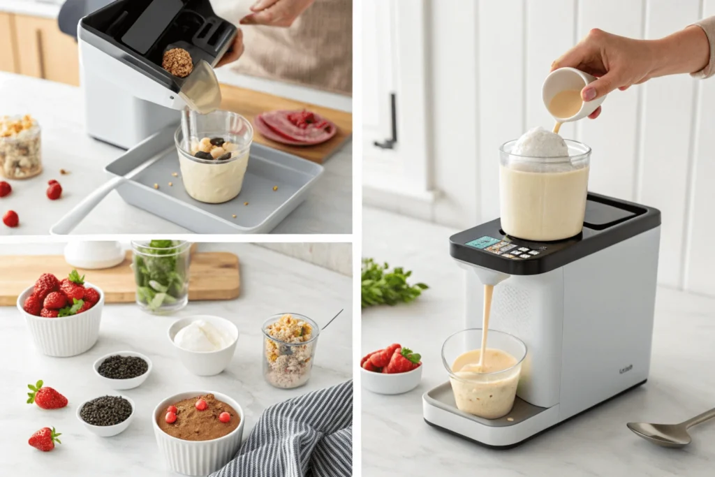 Four-step process showing how to make ice cream with Ninja Creami: preparation, freezing, processing, and serving stages