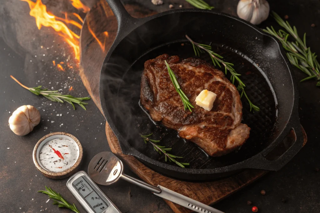 Delmonico steak being basted with butter in a cast iron skillet, surrounded by fresh herbs and garlic