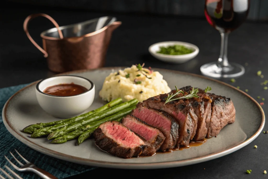 Sliced Delmonico steak with a golden-brown crust and medium-rare center, topped with melting herb butter and fresh rosemary