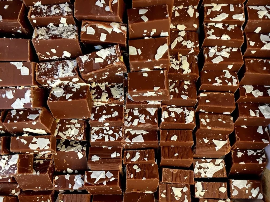 Close-up of neatly cut chocolate fudge topped with flakes, perfect for an easy homemade fudge recipe