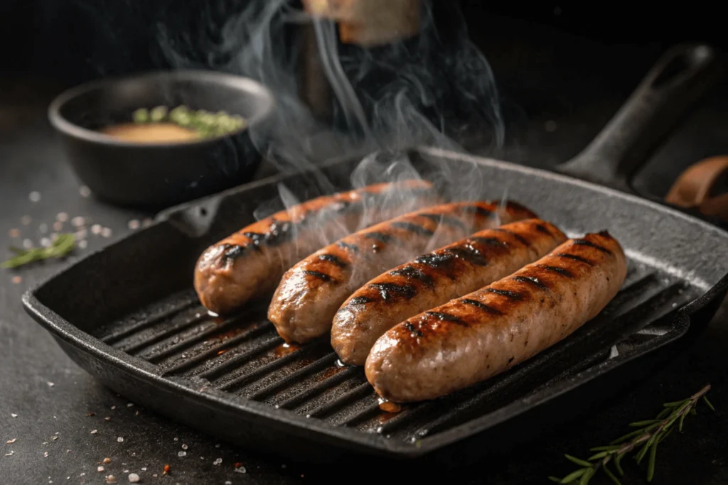 Close-up of juicy grilled beef sausages with golden-brown char marks on cast-iron grill