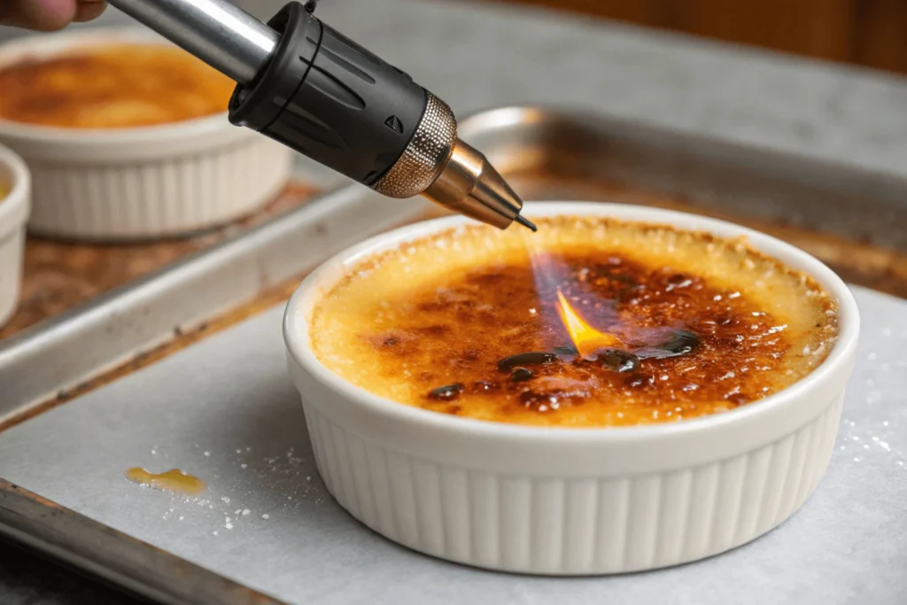 Caramelizing sugar on top of crab brulee with a culinary torch, showing the creamy custard and golden crust.