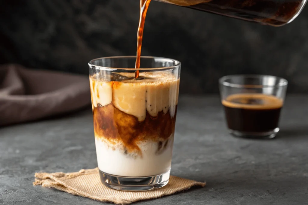 Layered coffee drink showing distinct separation between espresso, milk, and caramel syrup