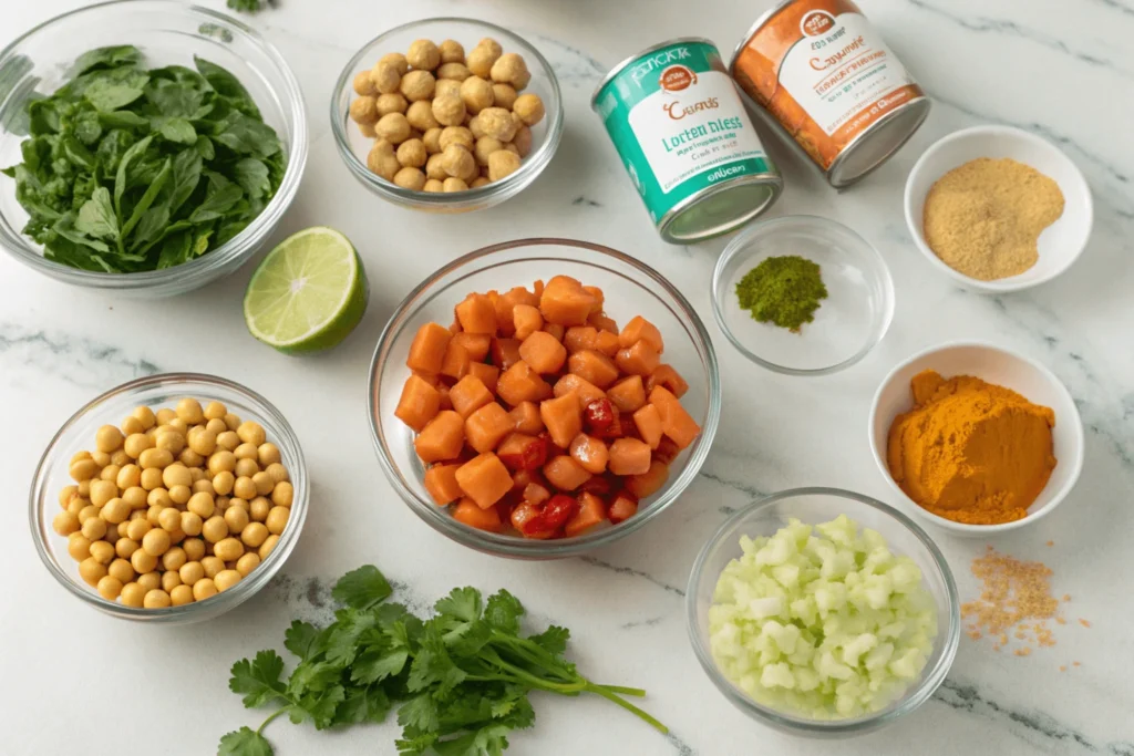 Organized display of breakfast curry ingredients including diced sweet potatoes, chickpeas, fresh herbs, and spices in glass bowls on a wooden surface