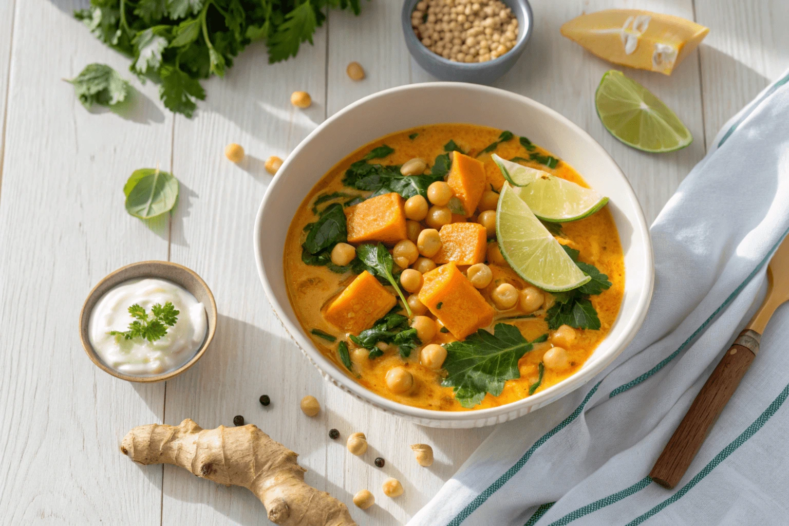 An overhead shot of a steaming healthy breakfast curry served in a white bowl, featuring golden sweet potatoes, chickpeas, and vibrant green spinach in a creamy coconut-turmeric sauce, topped with fresh cilantro and a slice of lime