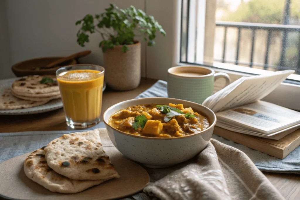 Morning breakfast setting with a bowl of curry, naan bread, mango smoothie, and masala chai on a sunlit table with cozy decor elements