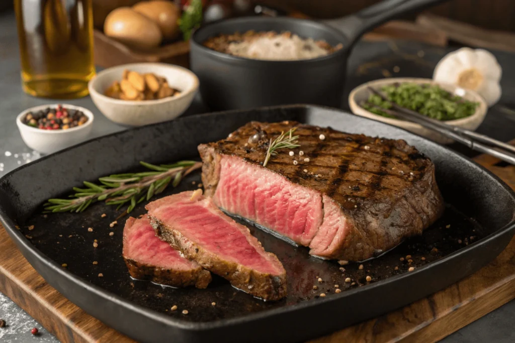 Juicy medium-rare Delmonico steak on dark slate, topped with melting herb butter and fresh rosemary