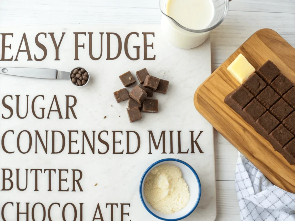 Ingredients for an easy fudge recipe: sugar, condensed milk, butter, and chocolate with neatly arranged fudge pieces.