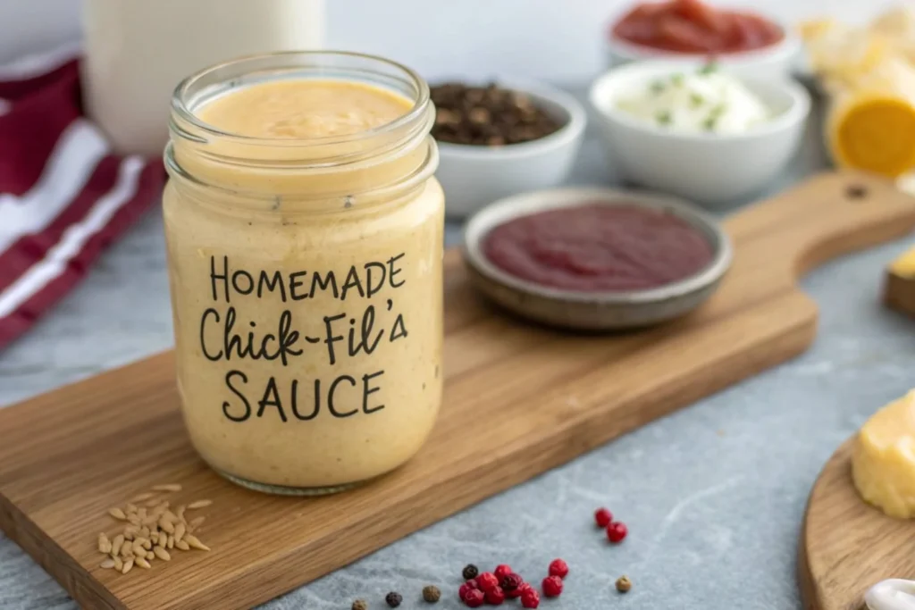 Homemade Chick-fil-A sauce in a small bowl with dipping items on the side.