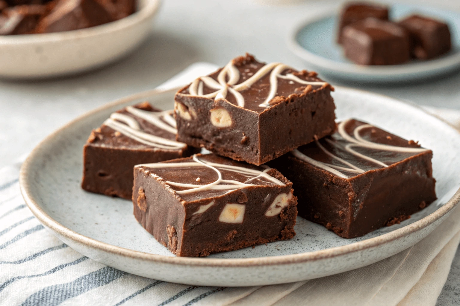 Creamy chocolate fudge squares with nut pieces and a swirl design on a plate, an easy fudge recipe for beginners