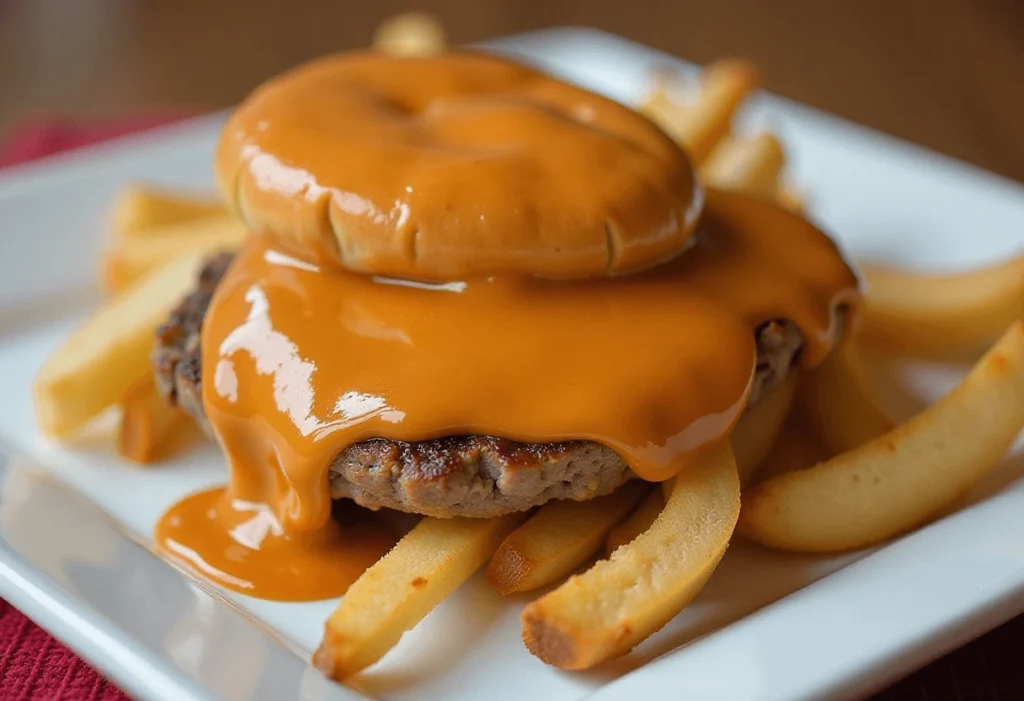 A juicy burger smothered in Chick-fil-A sauce served on a bed of crispy fries.