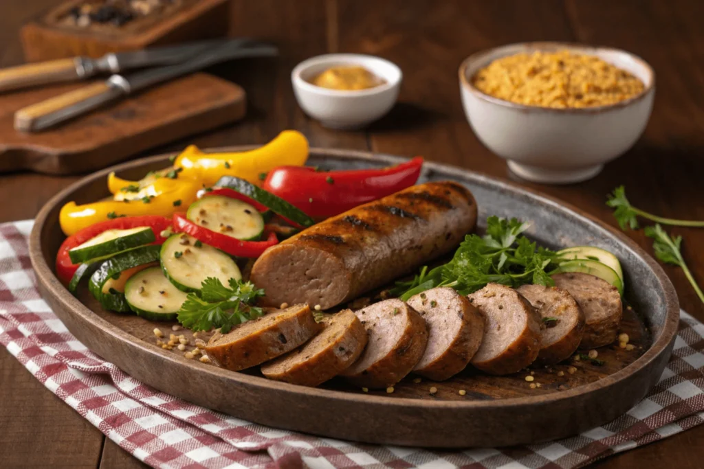 Sliced beef sausages served with grilled vegetables, fresh parsley, and whole-grain mustard on rustic wooden table