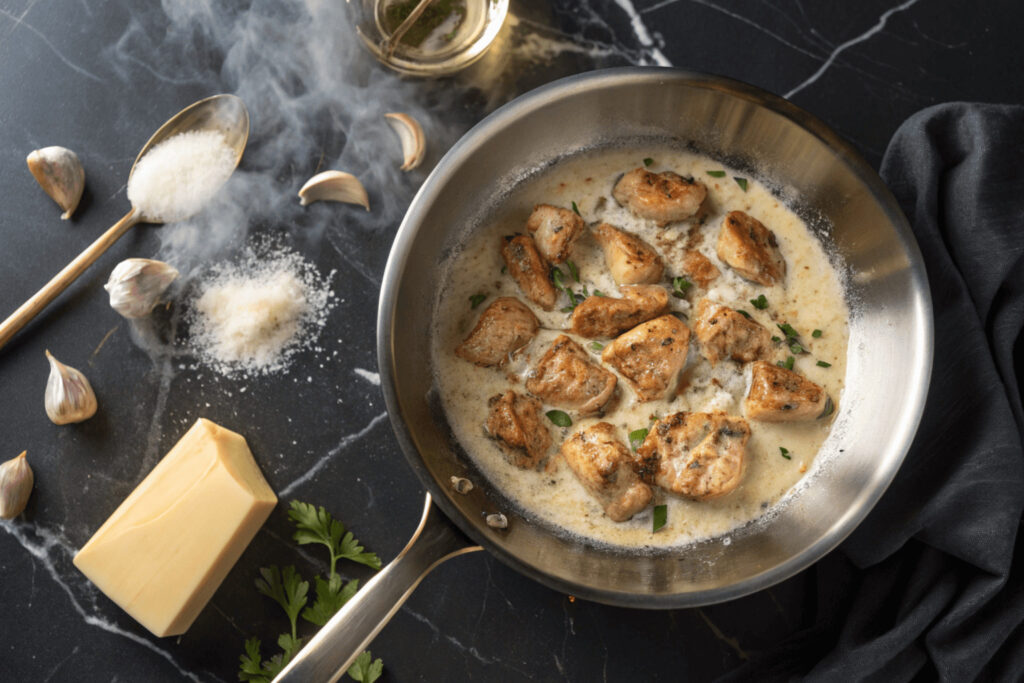 Overhead view of chicken and creamy garlic sauce cooking in a stainless steel skillet