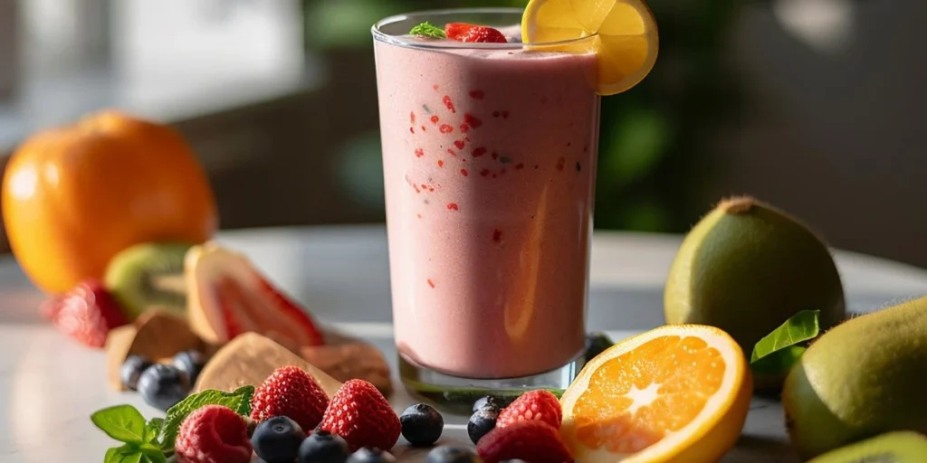 Refreshing Dude Perfect smoothie in a glass, topped with fresh fruit and a drizzle of honey