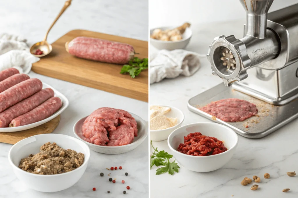 Four-stage process of making beef sausages showing mixing, grinding, stuffing, and linking stages