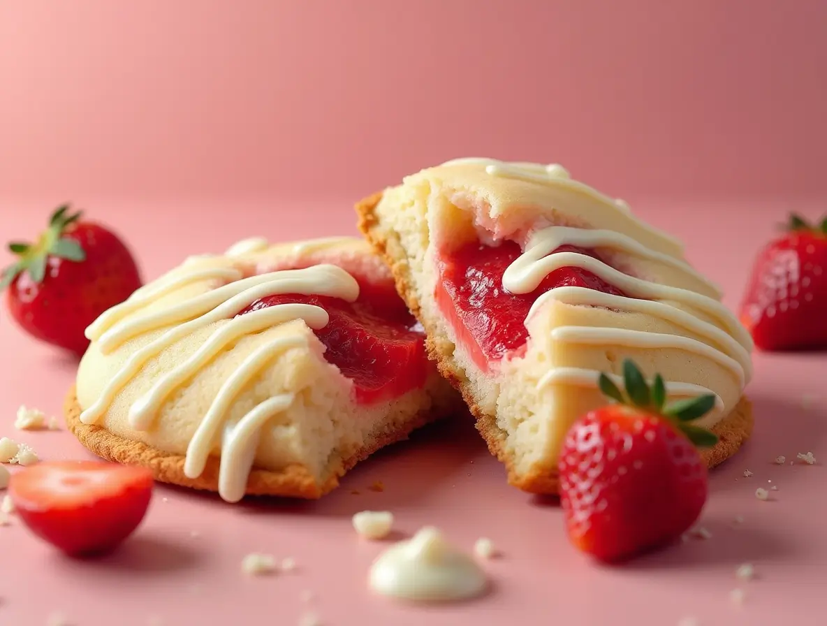 A plate of freshly baked strawberry cheesecake cookies topped with powdered sugar and fresh strawberries, perfect for a sweet treat.