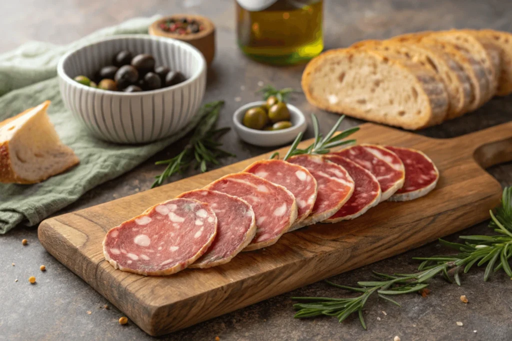 Thinly sliced soppressata served on a rustic wooden board with bread, olives, and fresh herbs.