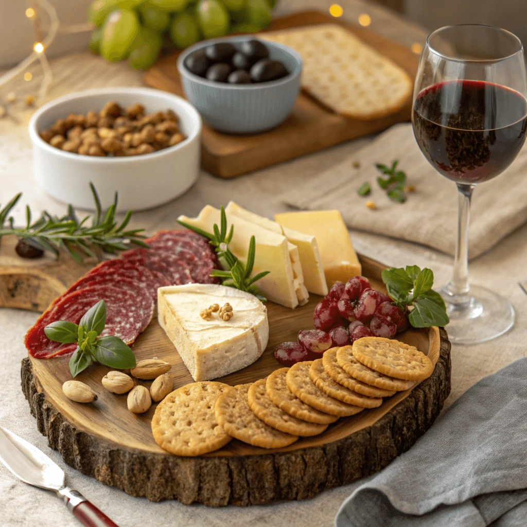 A rustic charcuterie board with thinly sliced soppressata, cheeses, olives, and crackers, accompanied by a glass of red wine.