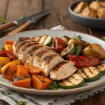 Grilled chicken apple sausage served with roasted vegetables like bell peppers, zucchini, and sweet potatoes.