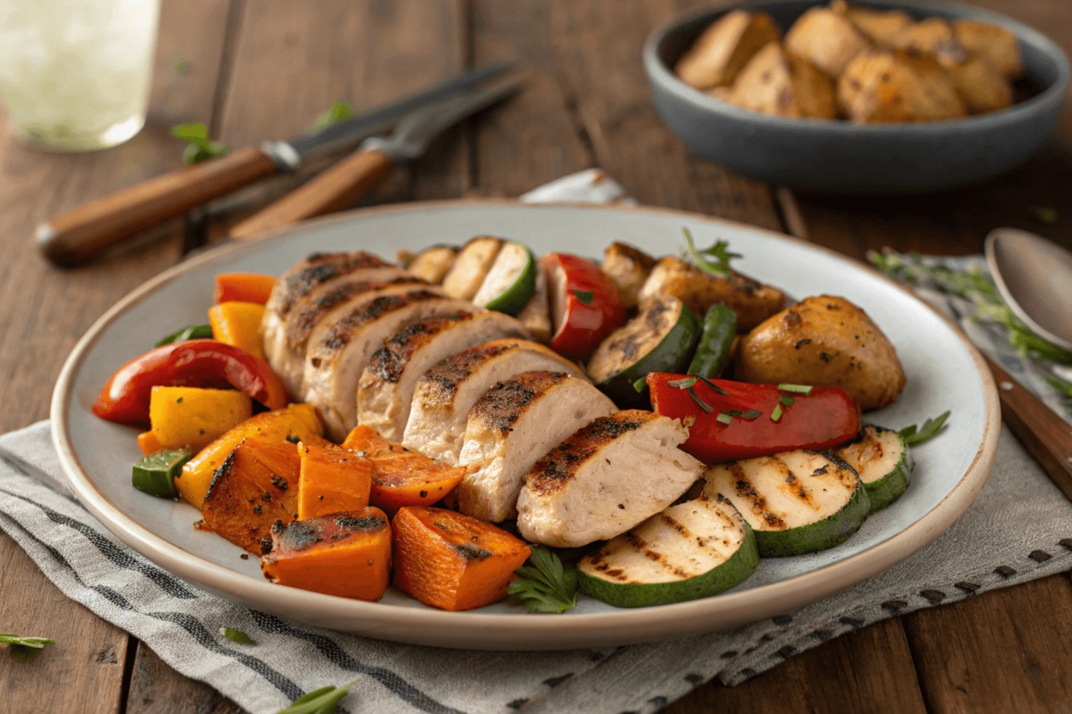 Grilled chicken apple sausage served with roasted vegetables like bell peppers, zucchini, and sweet potatoes.