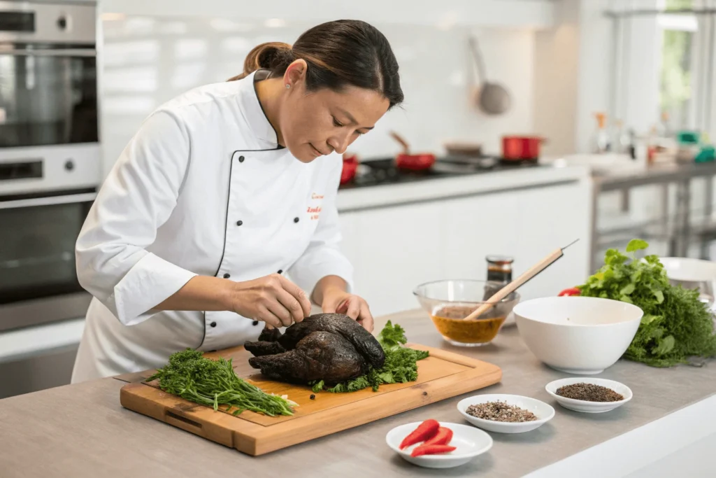 Chef preparing black chicken on a wooden board with fresh herbs and spices.