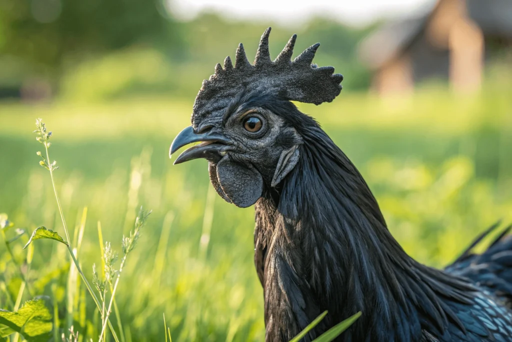 Close-up of an black chicken with glossy black feathers in a green field.