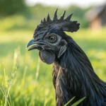 Close-up of an black chicken with glossy black feathers in a green field.