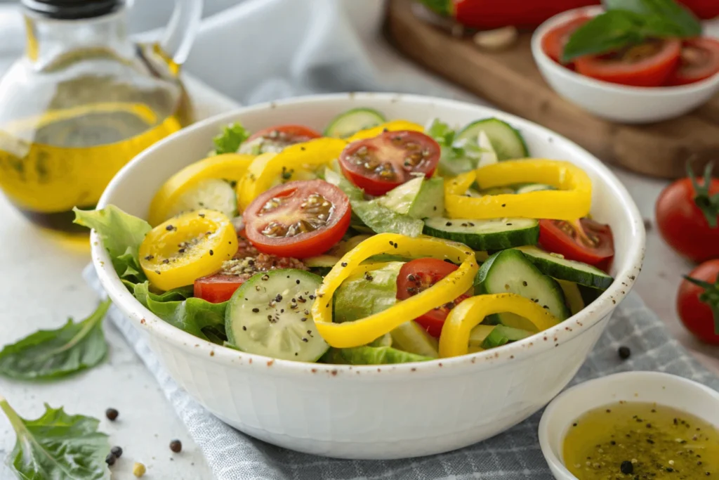 Sliced banana peppers in a fresh salad with tomatoes, cucumbers, and lettuce.