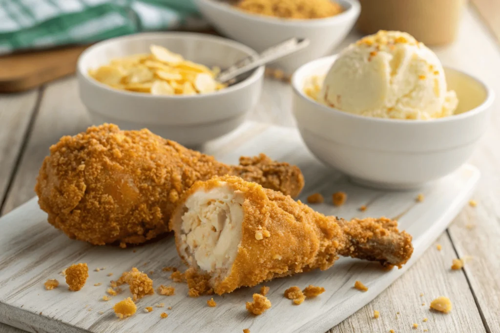 Close-up of a fried chicken ice cream drumstick with a golden-brown crispy coating and creamy vanilla ice cream inside.