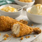 Close-up of a fried chicken ice cream drumstick with a golden-brown crispy coating and creamy vanilla ice cream inside.