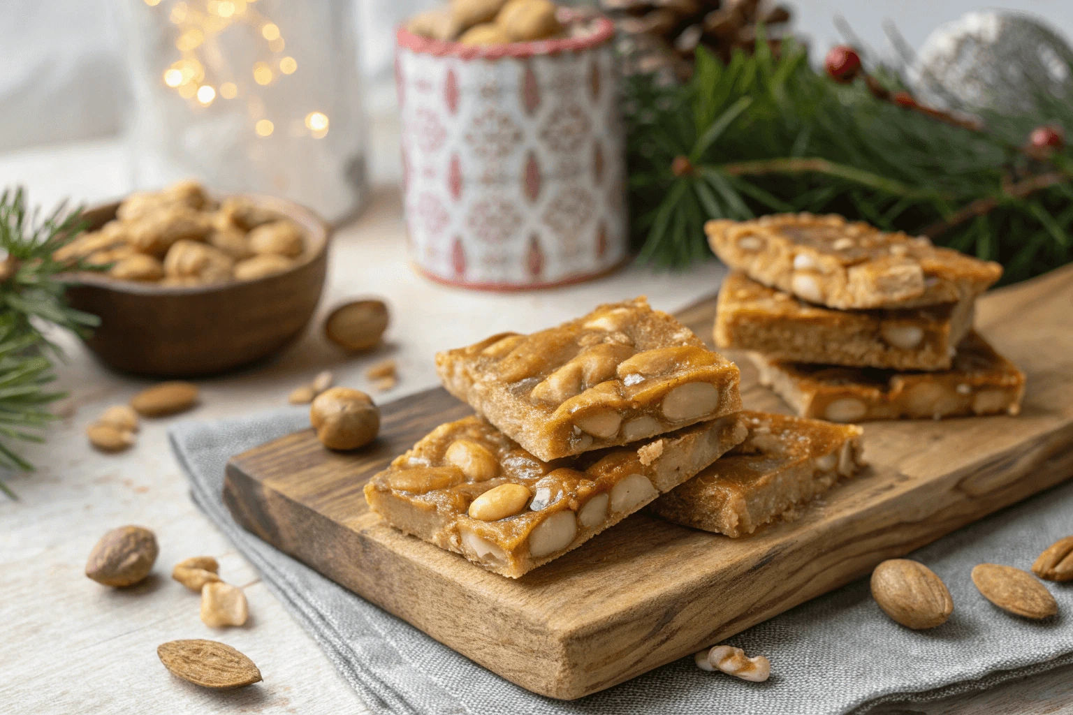 Homemade peanut brittle pieces with roasted peanuts and golden caramel.