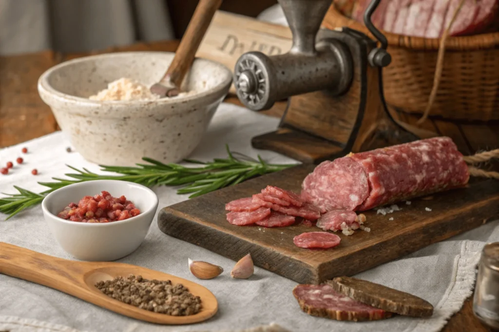 An artisan preparing soppressata, mixing pork, spices, and herbs with traditional tools.